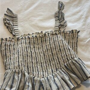 American Eagle Outfitters Navy and White Smocked Blouse